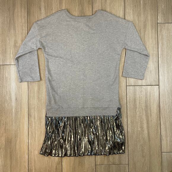 Buru Gray Sweatshirt Dress L Metallic Pleated Hem Shift Casual Midi Long Sleeve - Picture 2 of 6